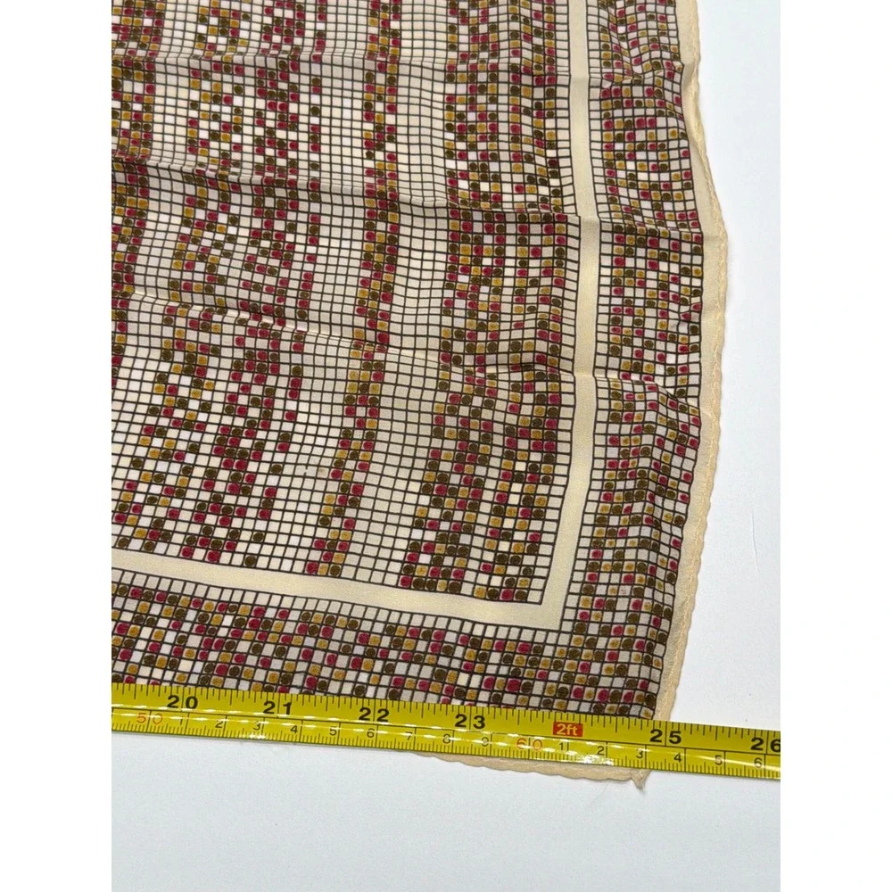 Vintage Square Silk Scarf Geometric Grid‎ Dot Pattern Cream Burgundy 26 Inch